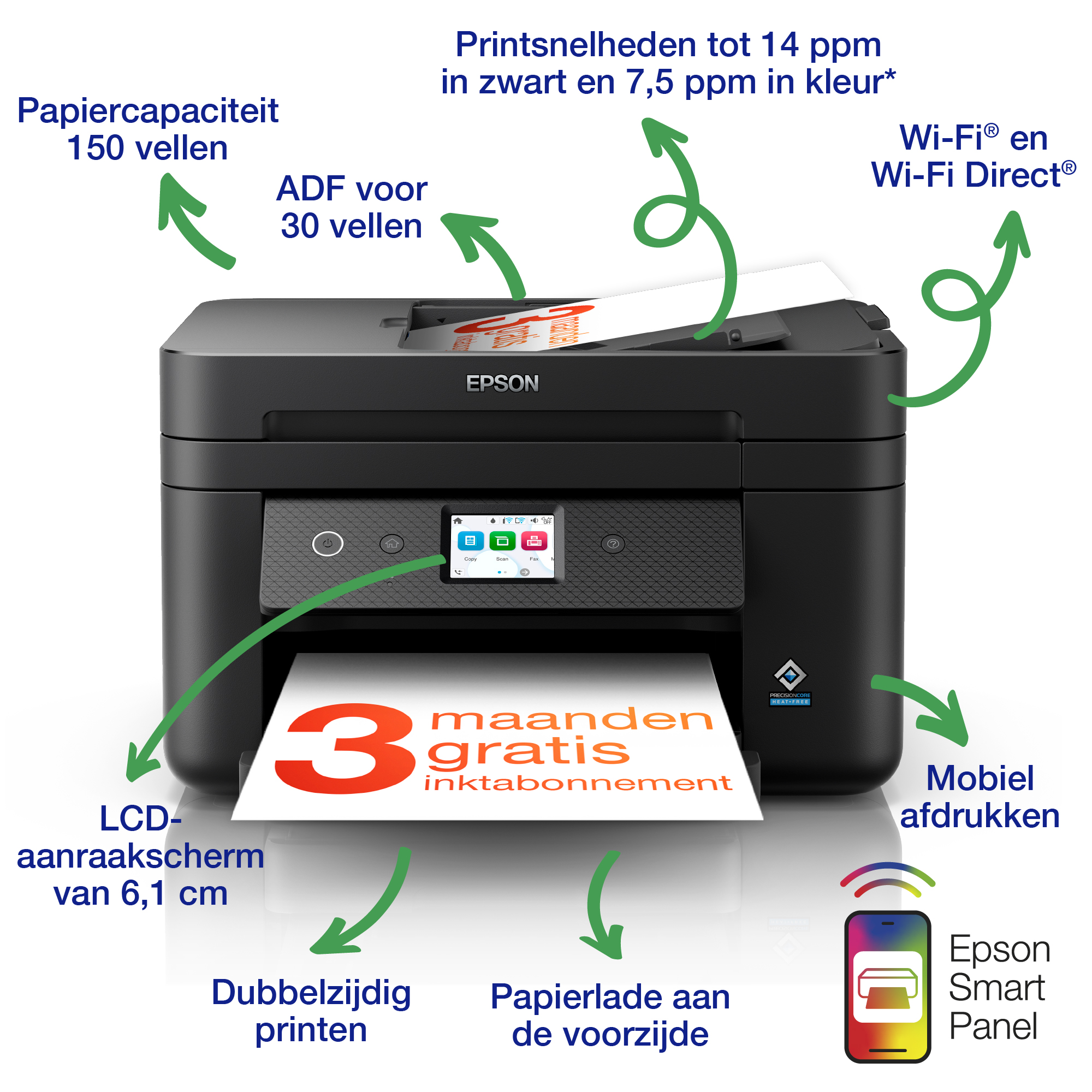 WorkForce WF-2960DWF A4 multifunctionele draadloze inkjetprinter met een ReadyPrint-abonnement met drie maanden gratis inkt*